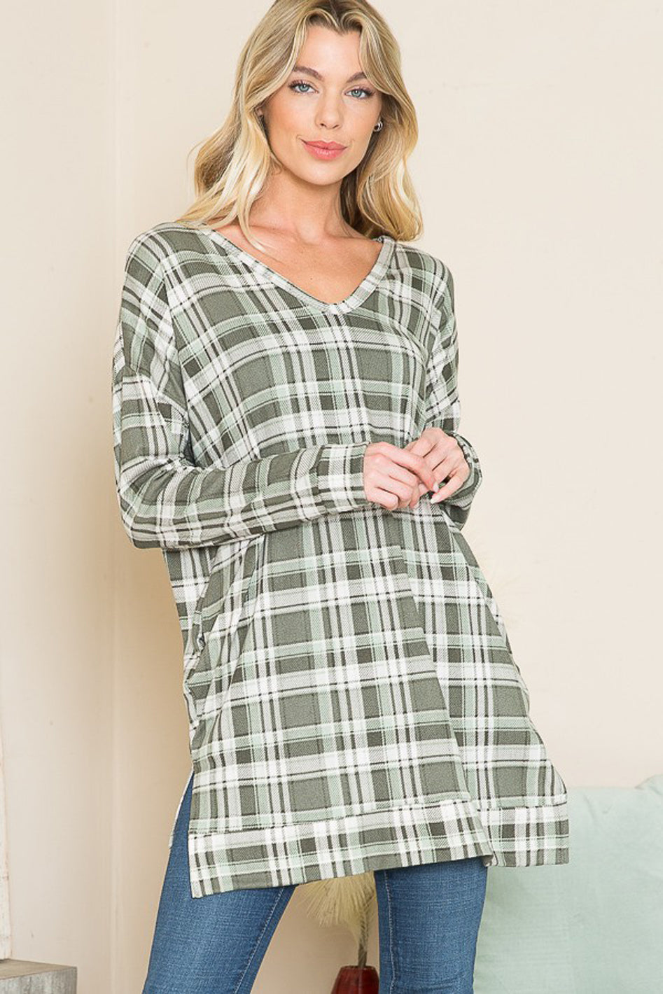 Willow Plaid V-Neck Sweater Tunic With Pockets in Plaid Sage - v neck, oversized - front view